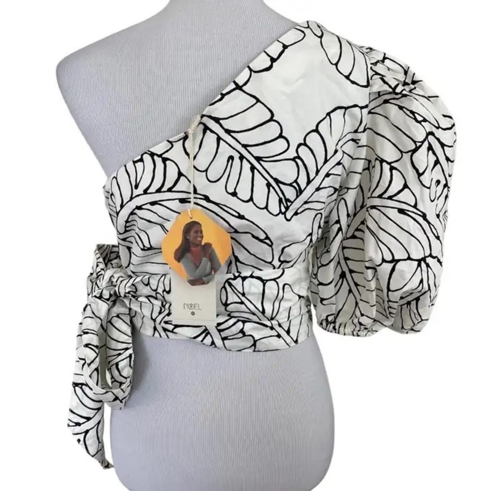 Sketch Palm Leaf Print Wrap Tie One Shoulder Top - Picture 4 of 16